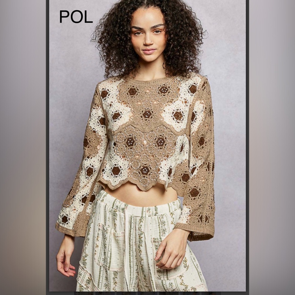 BP221-1🤎🤍NEW! POL pristine brown+cream Crochet Crop Top  w/bead details! Gorg! - Picture 4 of 8